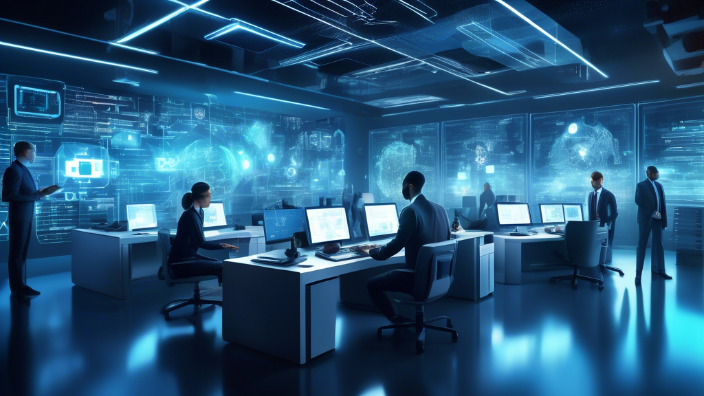 Create a high-resolution digital illustration depicting a futuristic office environment where cybersecurity measures are actively protecting business data. Show a diverse team of professionals working on advanced computers, with holographic displays illustrating data flow and security protocols. Include visual elements like digital shields, locks, and encrypted codes floating around, symbolizing enhanced security. The atmosphere should exude a sense of modernity, vigilance, and high-tech protection.