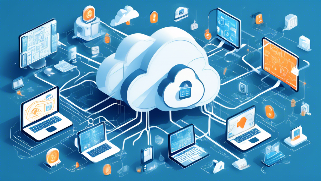 Create a detailed illustration of a modern cloud network infrastructure surrounded by various security elements. The image should include cloud servers, data centers, firewalls, encryption symbols, and security shields. Highlight best practices such as multi-factor authentication, intrusion detection systems, secure access gateways, and regular security audits. Include elements like tech professionals monitoring the network, secure data transfer pipelines, and icons representing compliance and safety. The overall theme should convey a strong sense of protection, security, and technological sophistication.