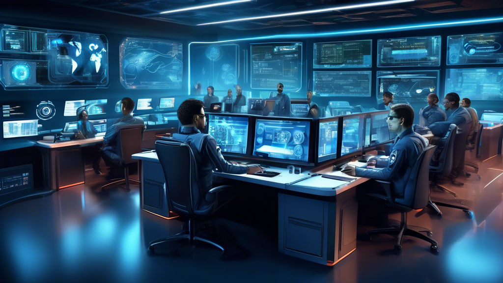 Create a highly detailed digital illustration showcasing the robust capabilities of Barracuda Cyber Security. Depict a futuristic control room with multiple high-tech screens displaying incoming cyber threats and real-time defenses being deployed. Center the image on a confident cybersecurity expert, clad in advanced tech gear, effortlessly managing security protocols. Surround the scene with visual metaphors of digital shields, encrypted codes, and data lines transforming into protective barriers. Ensure the atmosphere is intense, yet controlled, emphasizing the strength and efficiency of Barracuda’s digital defense systems.