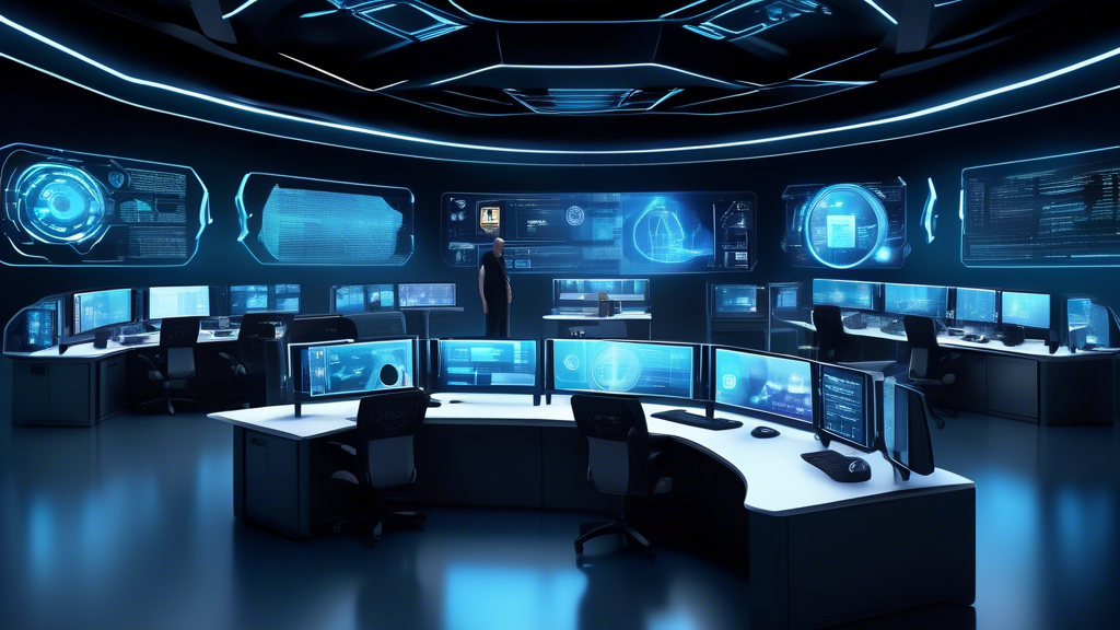 Create an image of a futuristic command center with advanced cyber security technology. Show Dell branding prominently on the screens and equipment. Have a diverse team of cyber security experts analyzing data, monitoring threats, and using cutting-edge tools to protect digital infrastructure. Include elements like holographic displays, encrypted communication lines, firewalls, and virtual reality hacking simulations.