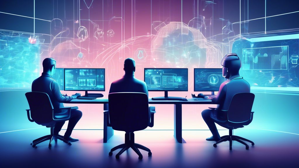 Create an image of a modern office environment with employees working on computers, surrounded by holographic shields and digital locks representing robust cyber security protection. In the background, a team of cybersecurity experts monitors various screens displaying threat detection data and security analytics. The atmosphere should convey a sense of advanced technology, teamwork, and safety.