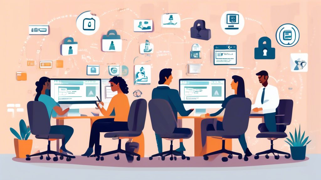 Create an image depicting a small business office environment with diverse employees working on computers. Surrounding the workspace, include elements that suggest cybersecurity measures, such as shield icons on computers, locked padlocks on filing cabinets, and security checklists on walls. Also, show a manager providing a cybersecurity tip to an employee, while a digital intrusion attempt is shown being blocked on a monitor in the background. Blend the elements together to convey a sense of security and proactive measures in the office setting.