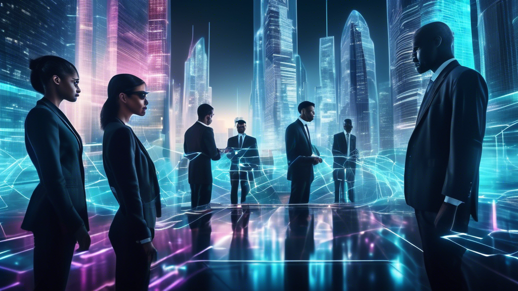 Create an image showcasing a futuristic cyber landscape of a bustling city, where holographic shields protect towering skyscrapers. In the foreground, a diverse team of cybersecurity experts, wearing sleek, modern attire, is seen actively managing digital interfaces with complex networks displayed. The scene should include contrasting elements like menacing dark cyber threats attempting to infiltrate the city versus bright, secure digital barriers representing effective cyber protection strategies.