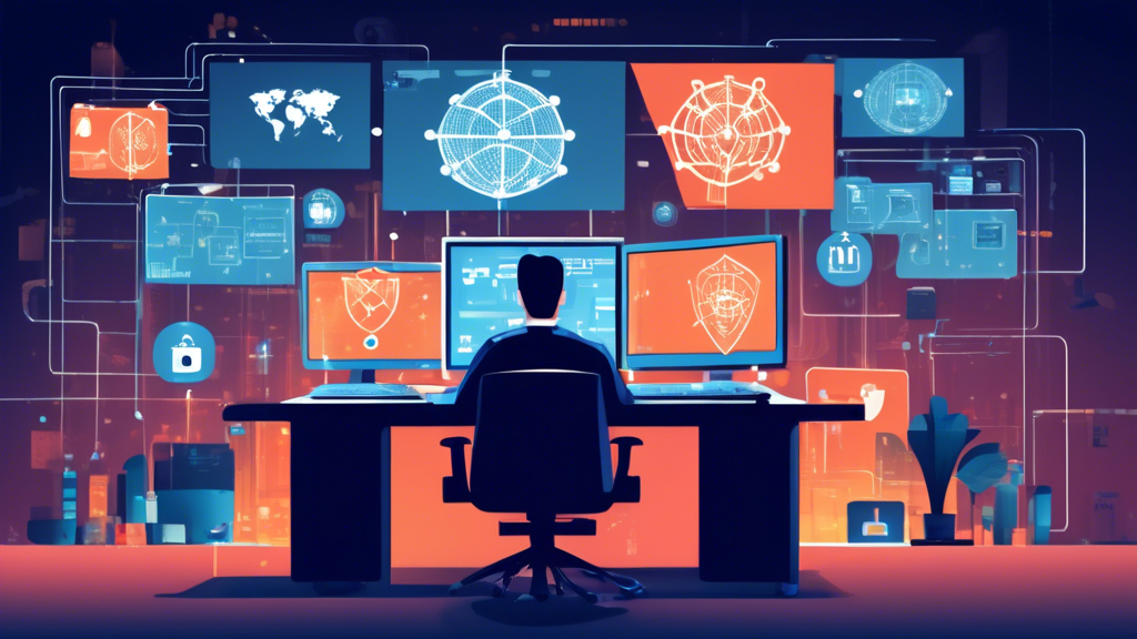 Create an image that visually represents computer network security enhancement. The scene can include a network administrator sitting at a desk in an office, surrounded by multiple computer screens showing security analytics, firewalls, VPNs, and anti-virus software. The background can include visual elements such as padlocks, shields, and a network cloud to emphasize the concept of security. The atmosphere should be professional, with a focus on technology and safety.