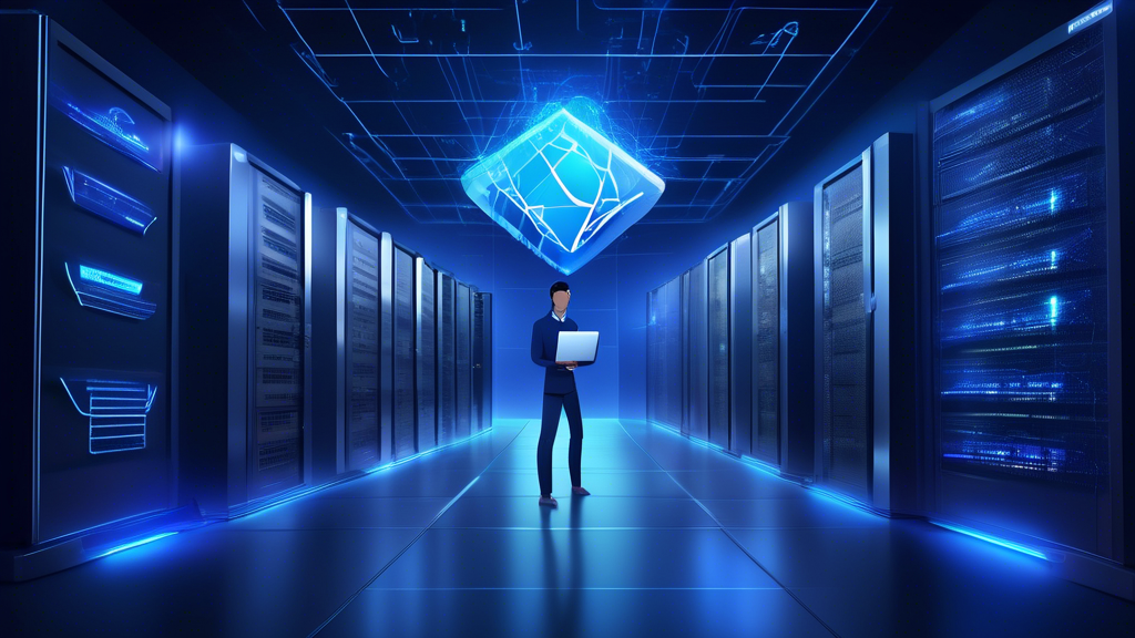 An advanced digital illustration showcasing Acronis Cyber Protect in action: a highly secure data center with robust cybersecurity measures, AI-driven threat detection, and seamless backup solutions. Visualize data flowing securely through encrypted channels, guarded by holographic shields and monitored by vigilant AI avatars. In the background, a glowing Acronis logo symbolizes ultimate data protection and cybersecurity.