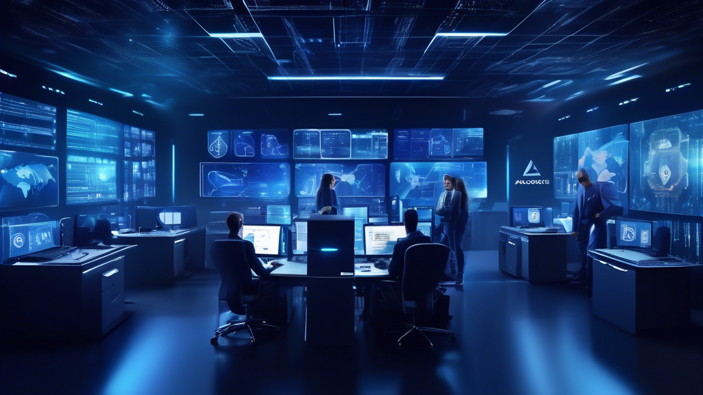 Create an image showcasing modern cybersecurity with Acronis Cyber Protect Cloud. Show a diverse IT team working seamlessly in a high-tech control room filled with holographic screens, real-time data analytics, and shield symbols representing high security. Include elements like cloud storage icons, and a backdrop of a secure server room to emphasize the blend of advanced technology and robust protection.