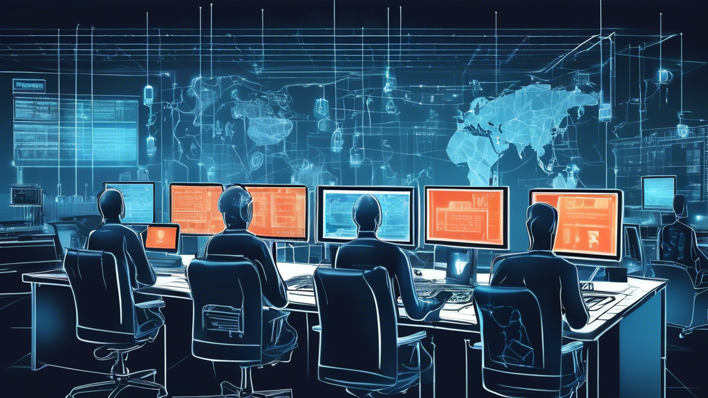 A detailed illustration of a secure computer network in a modern office setting, featuring strong firewalls, encrypted data streams, multi-factor authentication, and vigilant IT professionals monitoring cybersecurity measures on screens. The image should highlight layers of security and a robust infrastructure designed to protect against threats.