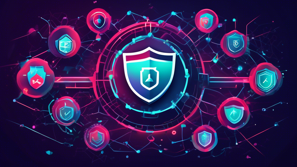 A detailed digital illustration showcasing the logos of top internet security companies (like Norton, McAfee, and Kaspersky) surrounding a central shield symbol representing online privacy. The background features an abstract, network-like design with interconnected nodes and a futuristic, high-tech aesthetic. Subtle padlock icons are dispersed throughout the image, emphasizing security and protection.