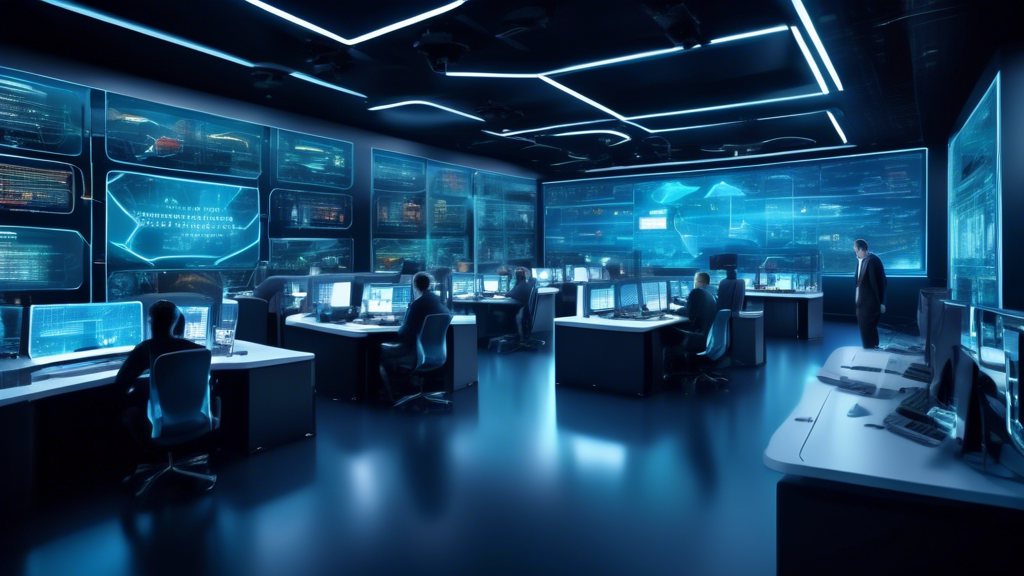 A futuristic digital landscape showcasing top network security companies with vibrant logos, high-tech cybersecurity defenses, and AI-powered firewalls. The scene features sleek, state-of-the-art command centers with diligent cyber professionals monitoring live threats, holographic data displays, and cyber shields protecting interconnected networks from digital attacks. Emphasize innovation, collaboration, and cutting-edge technology in cyber defense.