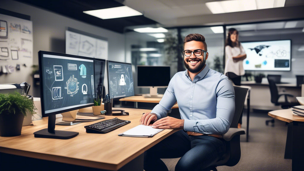 Create an image that showcases a small business office environment with a focus on cybersecurity measures. Include elements like a friendly IT specialist explaining concepts on a whiteboard, computer screens showing secure login systems, encrypted data, and padlocks around digital imagery symbolizing security. Add a small business owner looking relieved and confident. The decor should reflect a modern, professional, yet inviting office space.