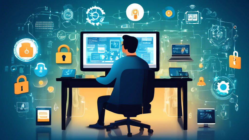 Create an image that portrays the concept of top strategies for computer security. The scene should be a tech-savvy workspace featuring a person working at a modern computer setup with multiple monitors displaying various security-related elements such as antivirus software, firewall settings, and encryption tools. In the background, include visual symbols of security like padlocks, shields, and network nodes connected by secure chains. The atmosphere should convey a sense of vigilance and protection, showcasing the comprehensive measures taken to ensure the best computer security.