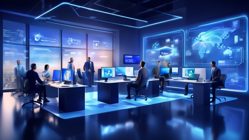 Create a futuristic, high-tech office environment where diverse professionals collaborate effortlessly. In the background, advanced digital interfaces display Acronis Cyber Cloud tools, emphasizing cybersecurity, data backup, and disaster recovery. Include holographic data streams and a strong sense of connectivity, showcasing how Acronis Cyber Cloud empowers modern businesses' efficiency and security.