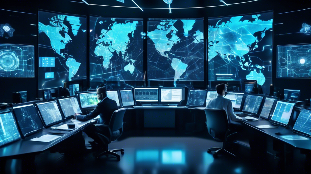 Create an image of a team of diverse cybersecurity experts monitoring a vast network of digital infrastructure from a futuristic control room. They are surrounded by multiple high-tech screens displaying real-time data, world maps with network nodes, and security alerts. The atmosphere is intense but controlled, with a clear focus on protecting against cyber threats. In the background, a large, prominently displayed Akamai logo signifies their mission to safeguard digital assets.