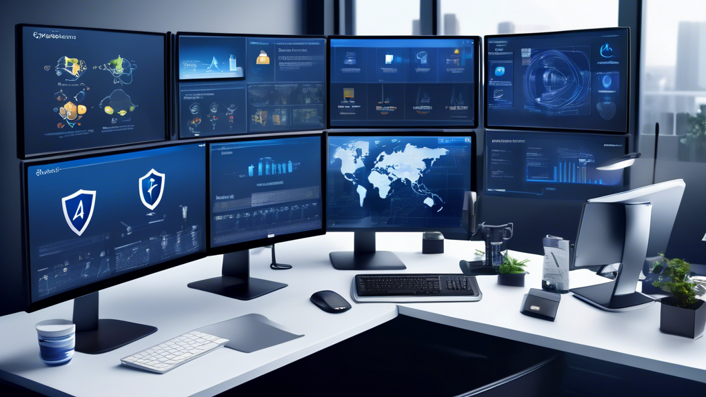 Create a high-resolution image featuring a professional IT workspace with multiple monitors, highlighting the various features and benefits of Acronis Cyber Protect 15. The scene should show a sleek, modern desk setup with charts on the screens displaying cybersecurity metrics, data backup in progress, and real-time threat detection. Include elements such as the Acronis logo, shield icons representing protection, and cloud symbols for backup solutions. The setting should convey a sense of advanced technology and robust cybersecurity infrastructure.