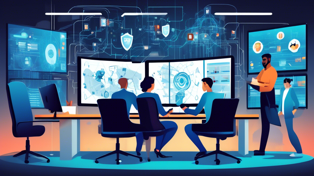 A prompt for this DALL-E image could be:nnIllustration of a modern office environment with a diverse team of IT professionals working on multiple screens displaying secure data, complex network diagrams, and cybersecurity alerts. In the background, a large shield with a lock symbol represents robust cyber defense. Include elements like a handshake between a business owner and a cybersecurity consultant, symbolizing partnership and trust.