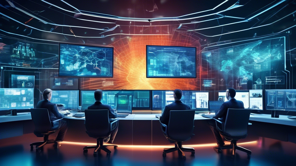 Create an image that illustrates the cutting-edge strategies employed by a leading network security solutions company. The scene should depict a high-tech control room with a diverse team of cybersecurity experts monitoring multiple screens displaying graphics of network systems, firewall defenses, threat detections, and data encryption processes. Include holographic visuals and futuristic user interfaces to emphasize advanced technology. The atmosphere should convey professionalism, innovation, and an unwavering focus on protecting digital assets.