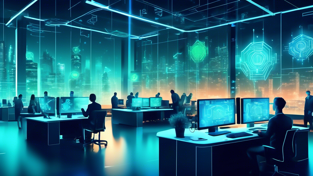 A futuristic office with cybersecurity experts working at their desks, surrounded by holographic screens displaying data security measures, firewalls, encryption symbols, and secure network connections. The background shows a sleek, modern cityscape with secure data centers and network towers glowing with blue and green security lights.