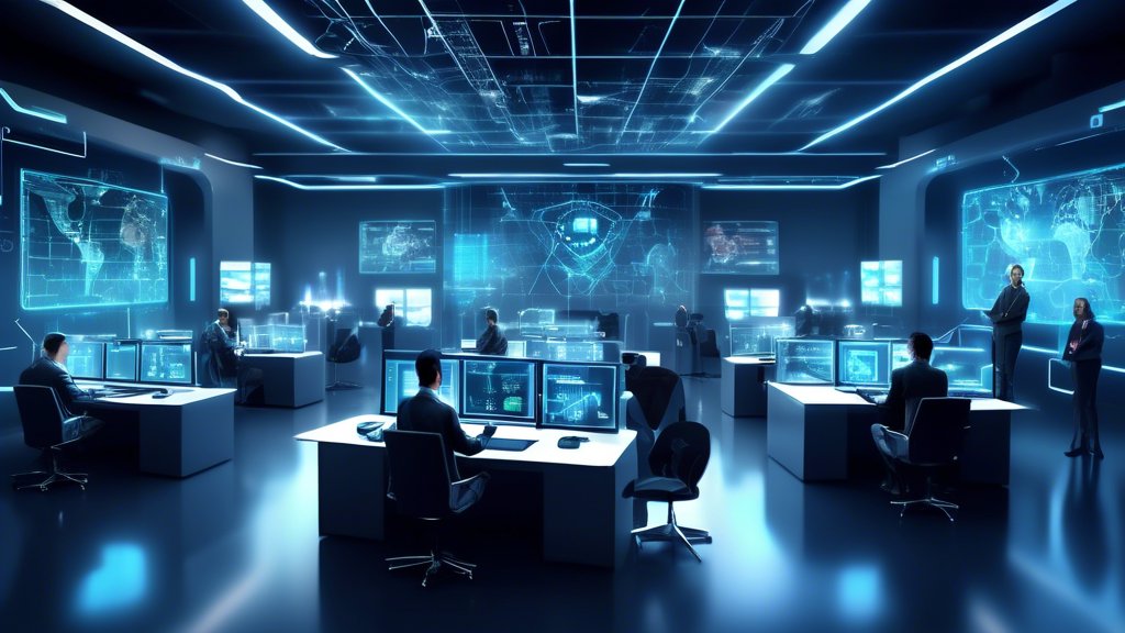 Create an image that showcases the concept of network security with a futuristic touch. The scene should include elements like digital locks, firewalls, and encrypted data streams, represented by glowing symbols and holograms. Depict cybersecurity professionals working in a high-tech control center with multiple screens displaying security analytics and threat detection. The overall atmosphere should convey cutting-edge technology and robust protection measures in a sleek, modern environment.