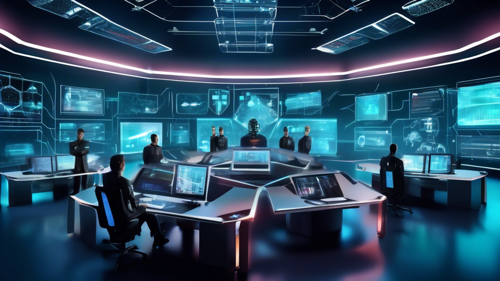 Create an image of a futuristic, high-tech control room displaying multiple holographic screens showing advanced web security measures in action. The room should feature a diverse team of cybersecurity experts analyzing data and preventing cyber threats. In the background, depict a gigantic digital shield symbolizing enhanced network security protecting a matrix-like web of interconnected devices.