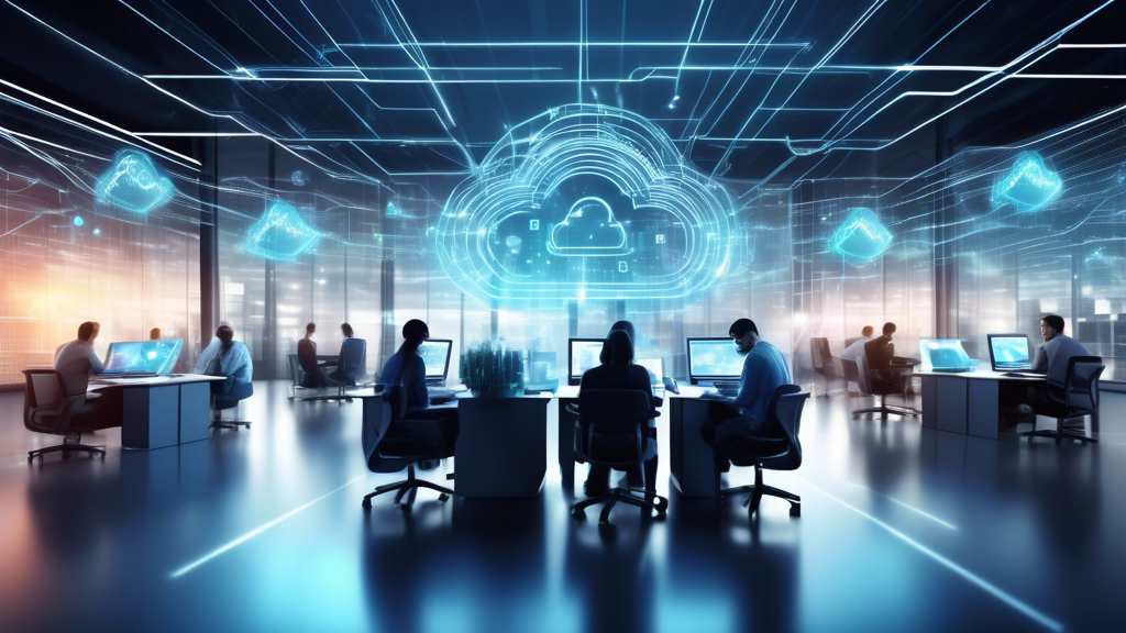 Create an image of a modern office environment with various employees working on computers, surrounded by holographic data streams and cloud icons. In the background, depict a digital shield symbolizing enhanced security and a network of interconnected nodes representing a secure cloud infrastructure. Include visual elements like padlocks and secure logins to emphasize the theme of advanced network and cloud security for enterprises.