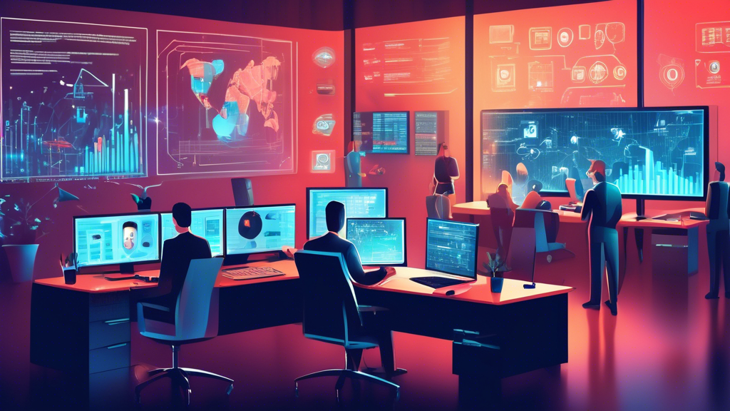 Create a detailed and visually engaging illustration that depicts a high-tech office environment where cybersecurity experts are actively monitoring large digital screens filled with data, graphs, and security alerts. Include various elements like firewalls, encrypted data streams, padlocks, and cybersecurity icons. Show a combination of human and AI collaboration, with some experts typing on keyboards while others engage in strategic discussions. The atmosphere should convey a sense of vigilance and advanced technology dedicated to protecting information networks.