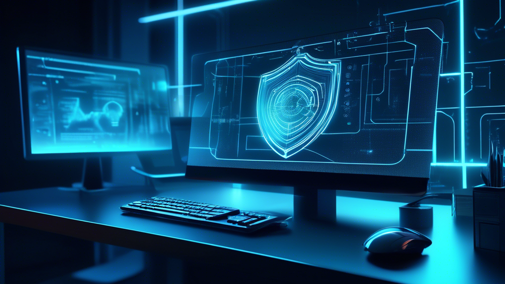 Create an image of a modern, futuristic home office setting with a sleek computer displaying the Norton Cyber Security interface. The backdrop includes holographic data streams and a serene digital shield symbol hovering near the computer, symbolizing protection. The overall atmosphere should convey a sense of advanced technology and security, ensuring a safe digital environment.