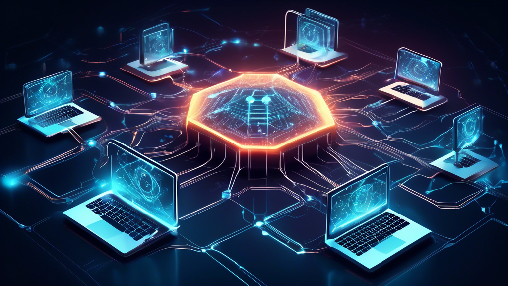 Create a futuristic digital landscape showcasing advanced cyber network security. Illustrate a sophisticated virtual shield protecting interconnected computer networks with glowing nodes and pathways. Include elements like secure firewalls, encryption keys, and cybersecurity icons such as locks and shields, all within a high-tech environment emphasizing the importance of safeguarding digital information.