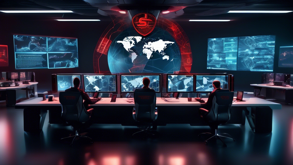 Create an image that depicts a vigilant cyber security command center powered by advanced technology, displaying the CrowdStrike logo prominently on multiple screens. The scene should include cybersecurity analysts actively monitoring digital threats, a digital shield symbolizing enhanced safety, and a world map highlighting various locations. The background should convey a high-tech atmosphere with holograms and futuristic elements, emphasizing the leadership of CrowdStrike in the realm of cyber security.