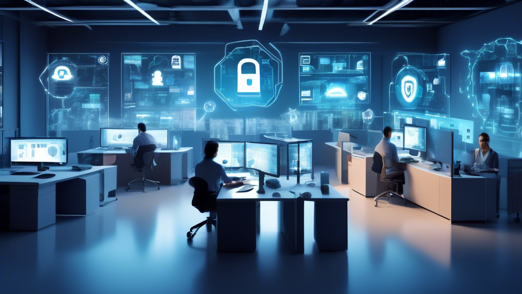 Create an image of a modern office setting with various cybersecurity elements integrated seamlessly into the environment. Show employees working on computers with padlock icons on screens, a firewall graphic subtly integrated into the wall design, and a digital shield hovering protectively around the office as a hologram. Include elements like secure cloud storage symbols, two-factor authentication interfaces, and surveillance cameras, conveying the sense of a highly secure business environment.