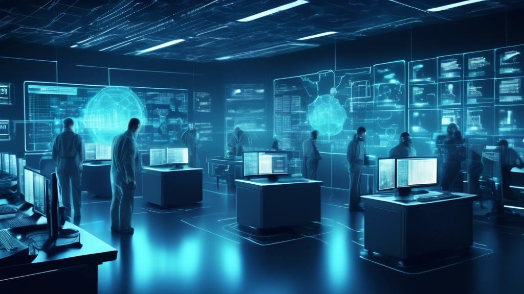 Create an image depicting a high-tech network security operation room with holographic displays showing data flow, firewalls, and encryption. The room features cybersecurity professionals actively monitoring the network, identifying threats, and implementing security protocols. Include visual elements like padlocks, shields, and antivirus symbols to emphasize protection and safeguarding of data.