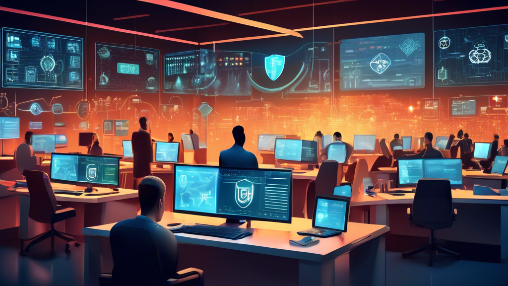 A high-tech office environment with diverse professionals working on advanced cybersecurity measures, featuring screens with encrypted data, firewalls, and protective shields. The scene includes symbols of network security like padlocks, shields, and binary code, illustrating essential strategies for safeguarding information. The atmosphere is dynamic and focused, emphasizing the critical importance of network information security.