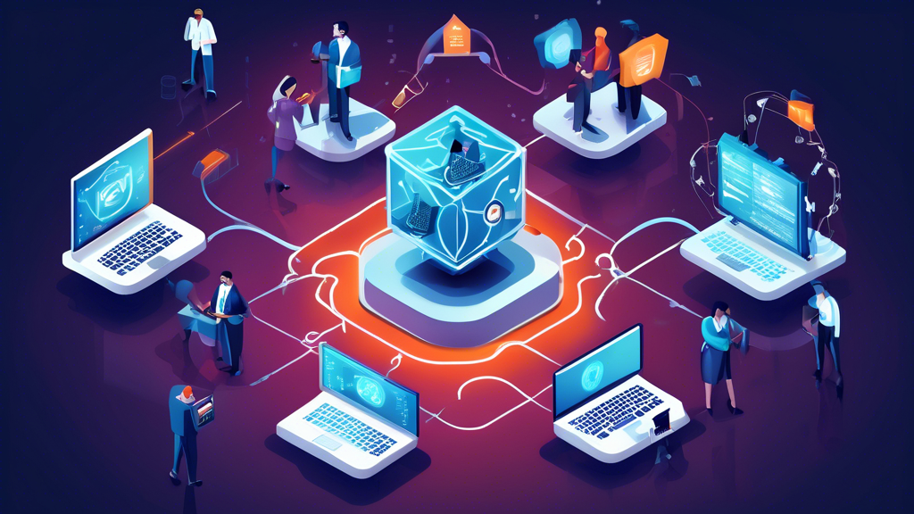 Create an image depicting essential strategies for network security protection. Show a diverse team of IT professionals working together around a central server, implementing various security measures. Include visual elements like a firewall, encryption symbols, multi-factor authentication, and secure network icons. The background should feature a digital network environment with interconnected nodes, emphasizing the complexity and importance of securing information.