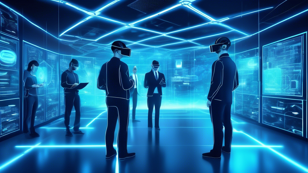 A futuristic server room illuminated by soft blue light, with cybersecurity experts wearing VR headsets. Holograms display network architecture, firewalls, and security protocols. Digital shields and locks symbolizing advanced security measures hover around the servers. In the background, a massive touchscreen showcases real-time threat analysis and system monitoring graphs.