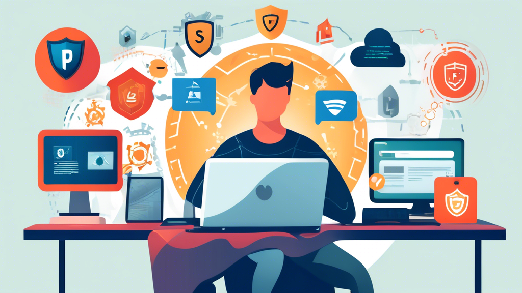 Create an image illustrating essential computer security tips: a person at a desk with a laptop displaying a shield icon on the screen, surrounded by icons representing strong passwords, antivirus software, a firewall, two-factor authentication, regular software updates, and safe browsing practices. The background features a digitally secure environment, emphasizing protection and safety.