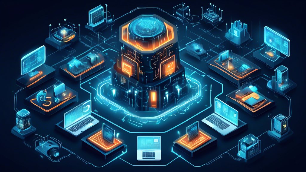 Create a detailed illustration of a digital fortress surrounded by various cyber security elements such as encrypted locks, firewalls, antivirus shields, monitoring eyes, secure passwords, and vigilant robots. The fortress should symbolize strong protection, and the background should feature a sleek, modern network with interconnected devices and glowing data streams. The image should convey a sense of robust security and technological sophistication.