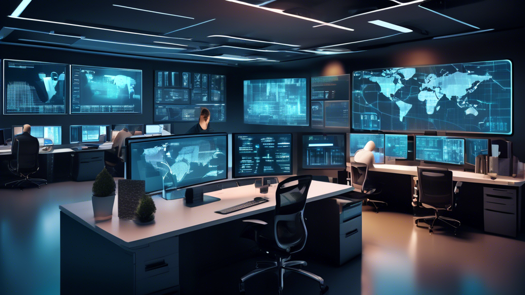 Create an image that depicts a high-tech command center focused on network security. The scene should include multiple computer monitors displaying various cybersecurity data, a team of diverse IT professionals collaborating, and visual elements representing key strategies such as firewalls, encryption, intrusion detection systems, and multi-factor authentication. The background should convey a sense of technological sophistication, with digital locks, shields, and a globe made of binary code to represent global network protection.