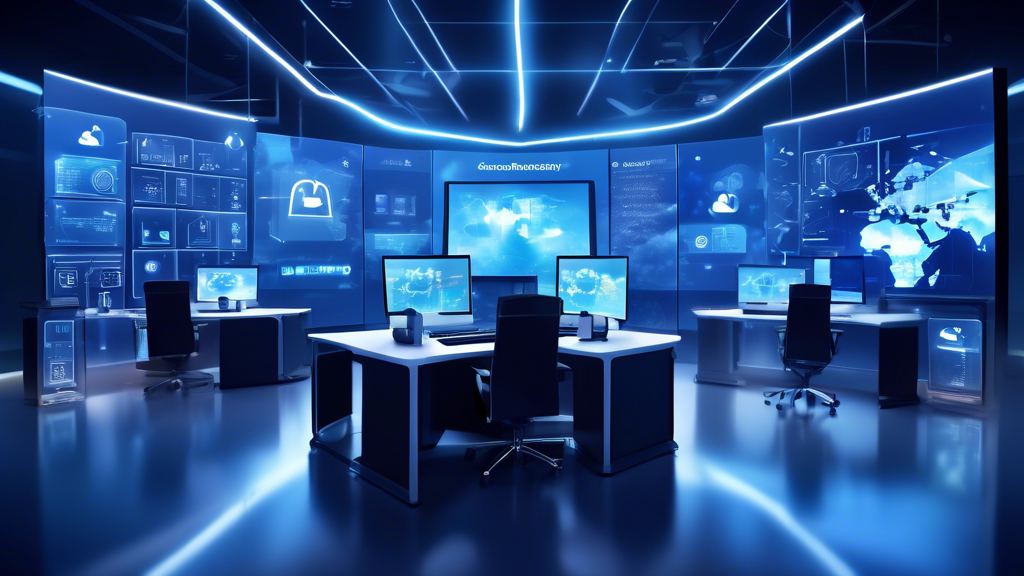 Create an image that illustrates the concept of Maximize Your Data Security with Acronis Cyber Solutions. Show a futuristic cyber command center with multiple screens displaying data protection and security solutions. Include a shield symbol with a checkmark to represent secure data. In the background, feature a harmonious blend of digital clouds and physical servers, highlighting the integration of cloud and on-premises security. Make sure the Acronis logo is subtly incorporated into the scene.