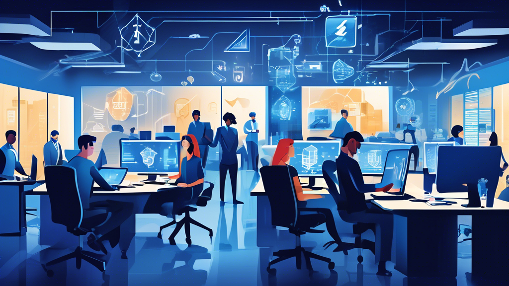 Create an illustration depicting a bustling modern office with diverse employees working on computers and digital devices. In the background, include a robust digital shield labeled Acronis Cyber Protection that envelops the office, symbolizing cybersecurity. Show elements like encrypted data, secure cloud storage, and a protective shield around the network. Incorporate visual cues of potential cyber threats, like shadowy figures or malicious icons trying to penetrate the shield, emphasizing the importance of cyber protection for businesses.