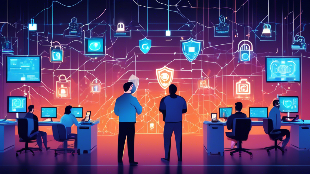 An illustration depicting the importance of network security in computer networks: a secure server room with glowing firewalls, encryption symbols, and padlocks surrounding the devices. In the background, a diverse team of IT professionals monitor multiple screens displaying security protocols, while holographic shield icons protect the network from various digital threats like malware and hackers trying to breach the defenses.