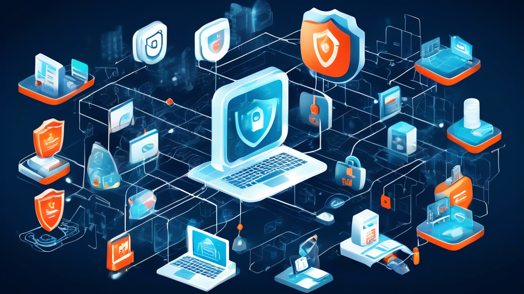 Create a high-tech illustration of a secure office network with multiple layers of digital protection. Highlight logos and icons representing top network security providers like firewalls, antivirus software, and VPNs. The image should convey a sense of strong, impenetrable security around business data, with professionals actively monitoring and managing the network.