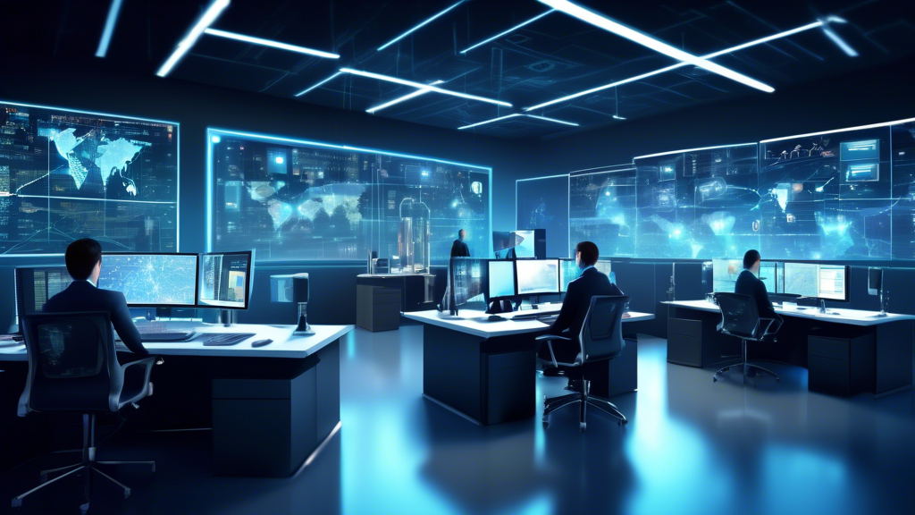 Create an image depicting a modern business office with advanced network security features. The office should have sleek, high-tech computers displaying security dashboards, surrounded by digital locks, firewalls, and encrypted data visuals. Show a team of IT professionals working collaboratively, with holographic screens displaying real-time cyber threat maps and security solutions in the background.