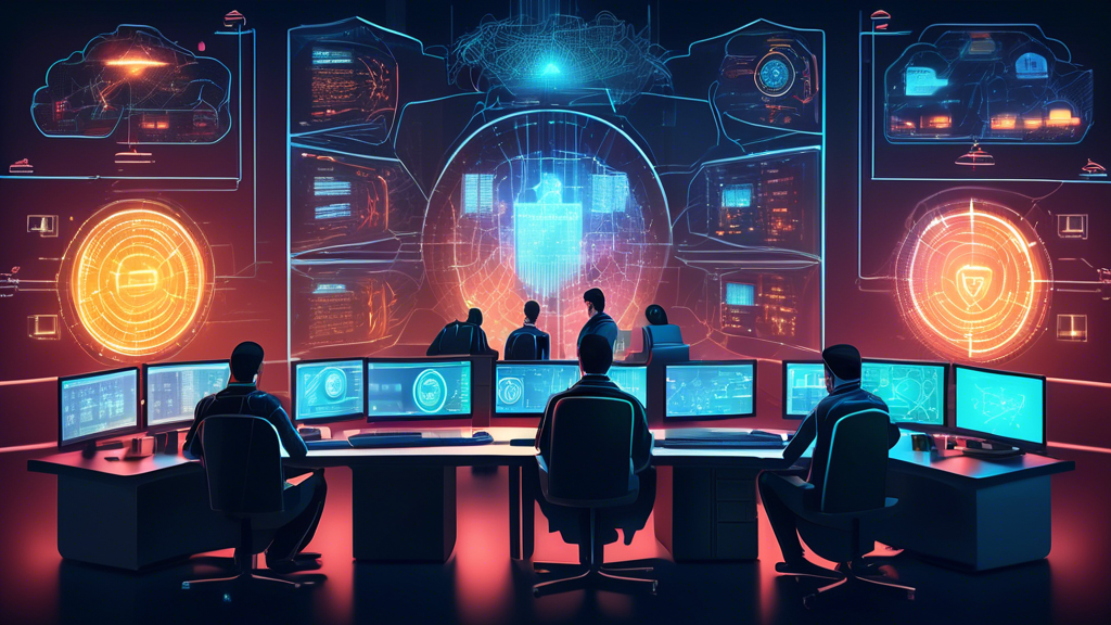 A detailed, futuristic control room filled with advanced monitors displaying complex network diagrams and security metrics, with cybersecurity professionals analyzing data. Glowing shield icons signify protection, while holographic visuals depict firewalls and encrypted data streams. The background includes iconic network infrastructure elements like routers and servers, illustrating the concepts of cyber security and network security.