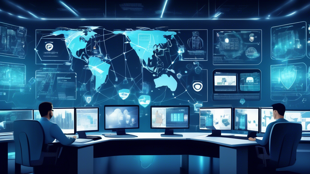 Create an image illustrating the benefits of Network Security as a Service (NSaaS). Show a diverse team of IT professionals in a high-tech control room, monitoring a global network on multiple screens. Highlight features like real-time threat detection, automated responses, and secure cloud-based management. Use visual elements such as shields, locks, and secure connection icons to emphasize protection and security efficiency. Include a few icons representing common threats being neutralized (like viruses and hackers) to show proactive defense.