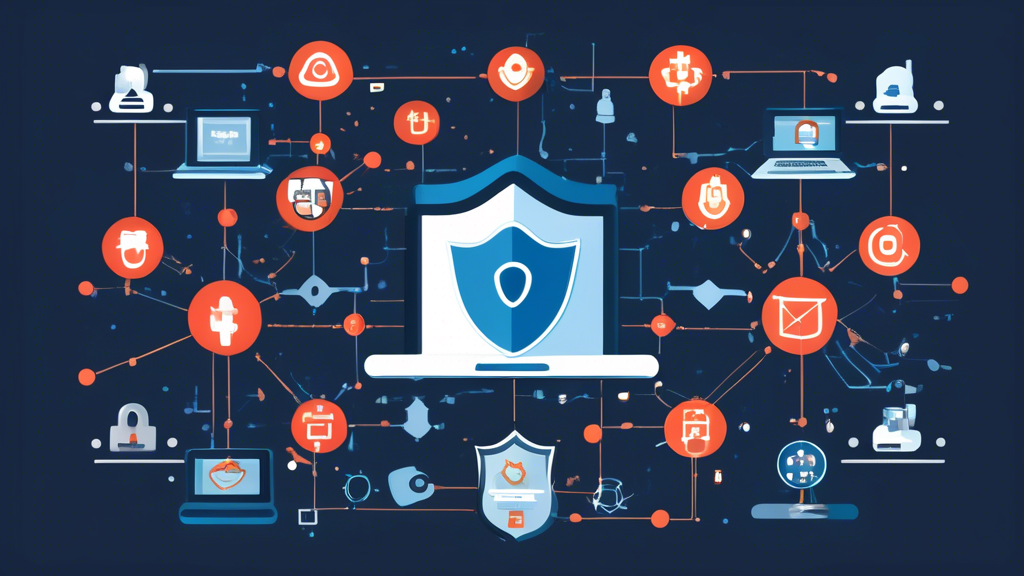 Create an image that visually distinguishes network security from cyber security. On one side, depict network security with symbols like firewalls, routers, and secure connections to represent the protection of internal networks. On the other side, illustrate cyber security with icons such as padlocks, a shield with a checkmark, and a computer user with a data protection shield to convey the broader defense against cyber threats. Use a split-screen format with a clear line dividing the two concepts, and incorporate a modern, tech-savvy visual style.