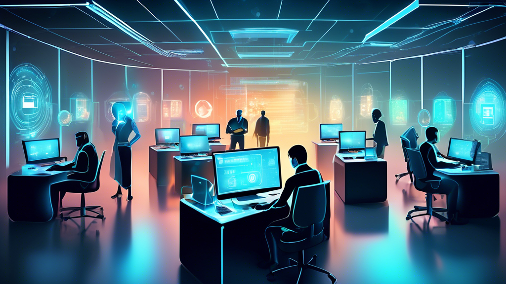 Create an illustration depicting the significance of computer security systems: a futuristic office environment with glowing holographic shields surrounding various digital devices, including computers, tablets, and smartphones. Show a diverse group of individuals working confidently, knowing their data is protected. Include subtle representations of threats like hackers and viruses being blocked by the security shields.