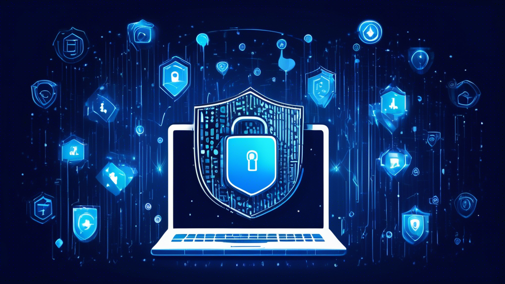 Create an image of a digital shield made of binary code and lock icons surrounding a computer and mobile phone, both displaying the Acronis Cyber Protect logo. The background should feature futuristic elements like holographic data streams and secure network lines, symbolizing robust cybersecurity.