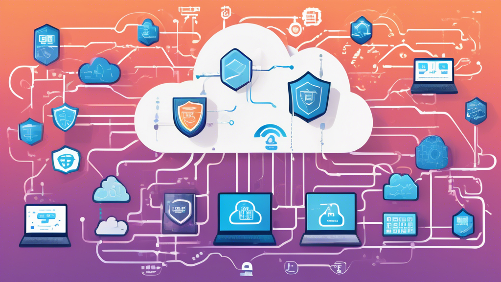 A detailed digital illustration showcasing a secure and robust AWS cloud network. The image features interconnected virtual machines, firewalls, encryption shields, multi-factor authentication icons, and secure VPN tunnels. In the background, a network cloud diagram is overlaid with security symbols like locks, shields, and keyholes, representing advanced security protocols and best practices. The overall theme emphasizes strength, protection, and advanced technology in a sleek, modern design.