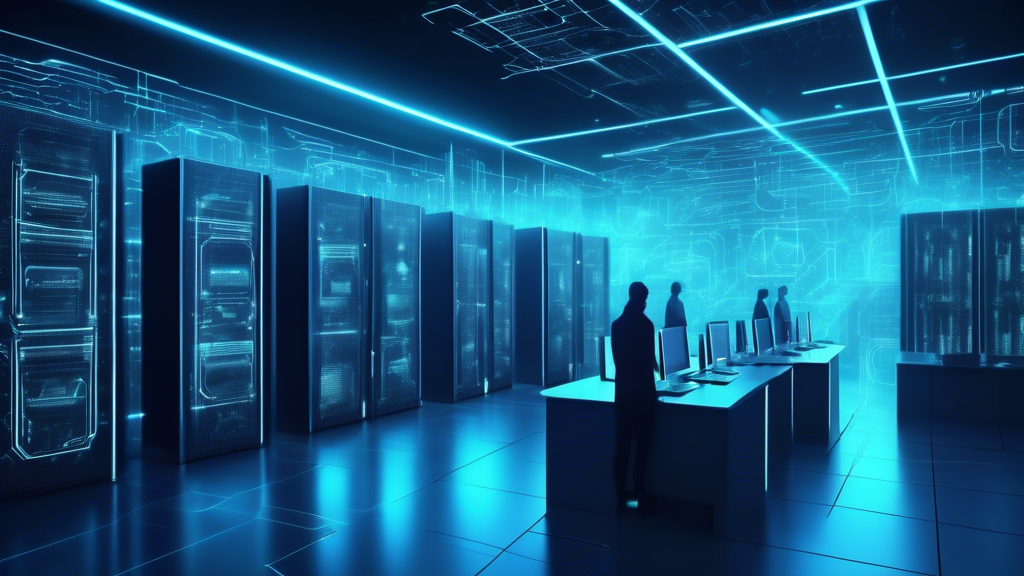 Create an image depicting enhanced cyber security in cloud computing: a futuristic data center with glowing servers protected by holographic shields, cyber security professionals monitoring advanced digital interfaces, and secure data flow visualized by glowing lines moving seamlessly between cloud icons. The environment should convey a high-tech and secure atmosphere.