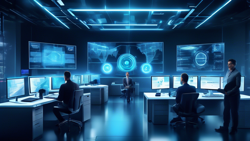 Create an image showcasing a futuristic office environment where advanced Dell Technologies equipment is being used to enhance cybersecurity. The scene should feature employees monitoring multiple screens displaying complex data and security alerts, with Dell servers and laptops prominently in use. Incorporate elements like digital shields, glowing security barriers, and holographic data streams to emphasize the high-tech, secure atmosphere.