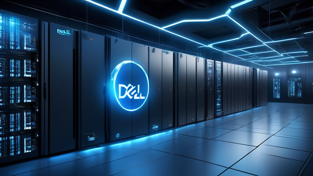 Create an image of a futuristic, ultra-secure data center with the Dell logo prominently displayed. The data center is surrounded by a digital vault, symbolizing impenetrable data security. Highlight advanced cybersecurity measures with visual elements like digital encryption symbols, firewalls, and holographic security interfaces. The overall scene should exude a high-tech, cutting-edge atmosphere.